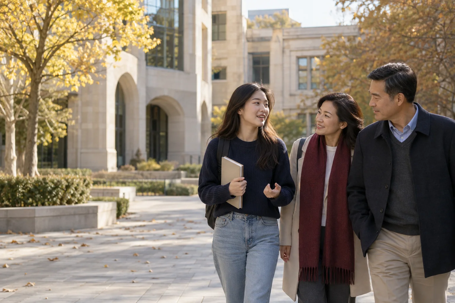 学生与家人在国际校园讨论升学规划